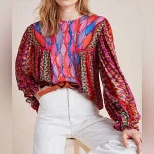 Bl-nk London Anthropologie Miranda Peasant Blouse Colorful Semi Sheer- Small